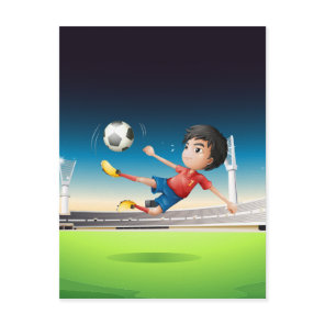 A boy in a red uniform at the soccer field postcard