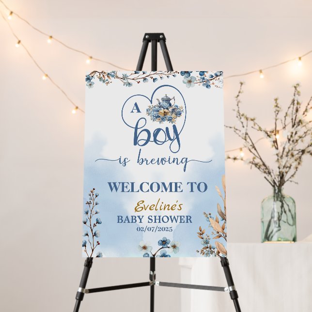  a Boy Is Brewing Tea Boy Baby Shower Welcome Sign (In Situ (Stand))