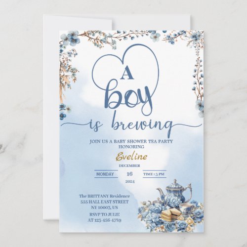  a boy is brewing tea party baby shower invitation