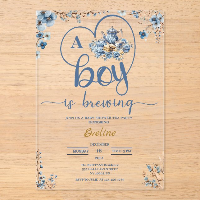  a Boy Is Brewing Tea Party Blossom Baby Shower  Acrylic Invitations (Front)