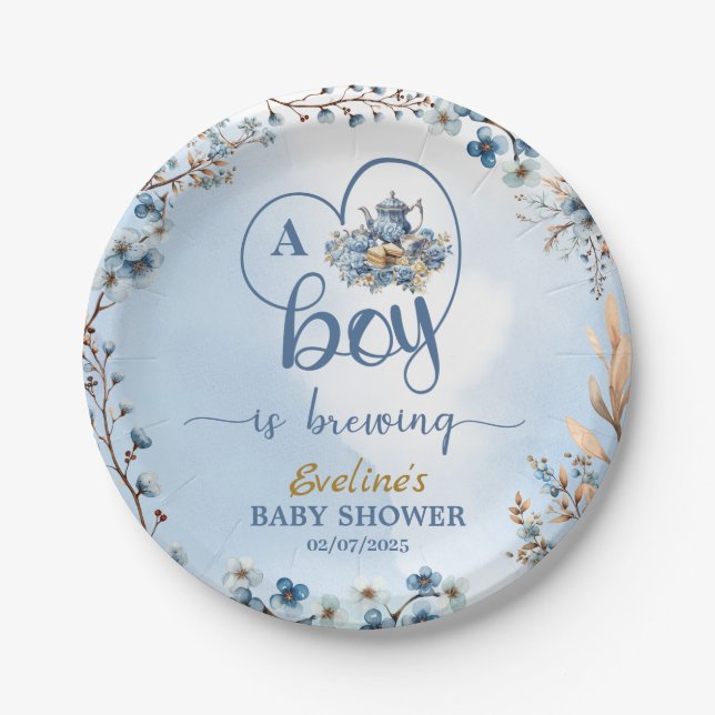 A Boy Is Brewing Tea Party Boy Baby Shower Blue Paper Plates (Front)