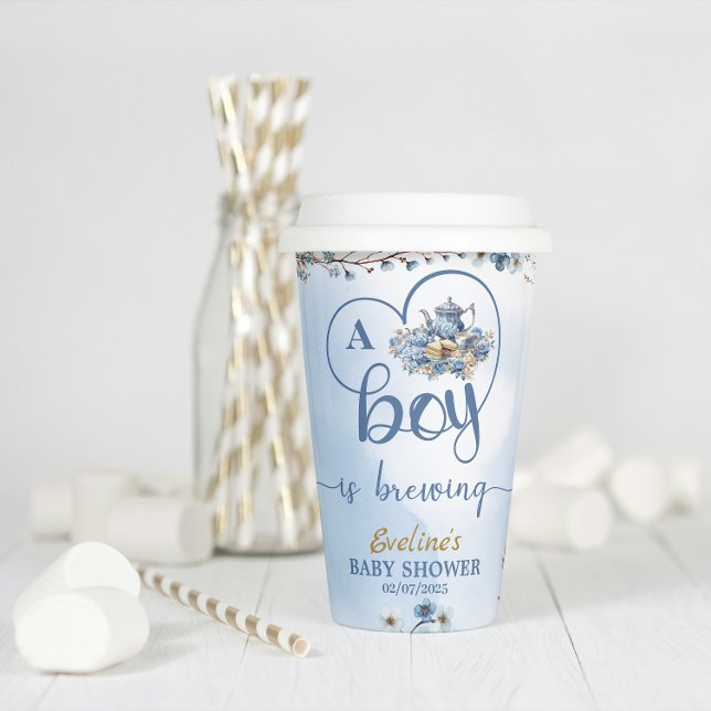  a Boy Is Brewing Tea Party Boy Baby Shower Paper Cups (tea party baby shower boy blue)