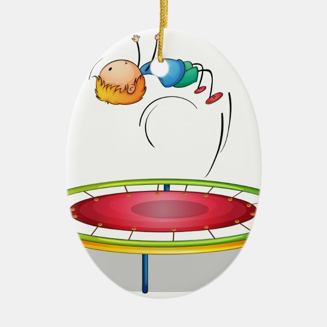 A boy playing trampoline ceramic ornament (Front)