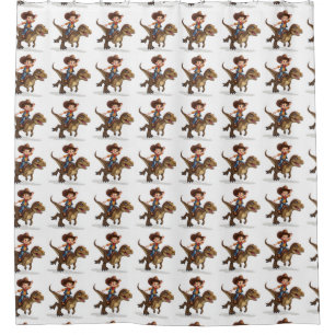 A boy riding a T-Rex shower curtain