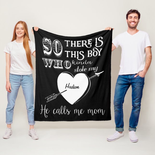 A Boy Stole My Heart He Calls Me Mom Black Fleece Blanket (In Situ)
