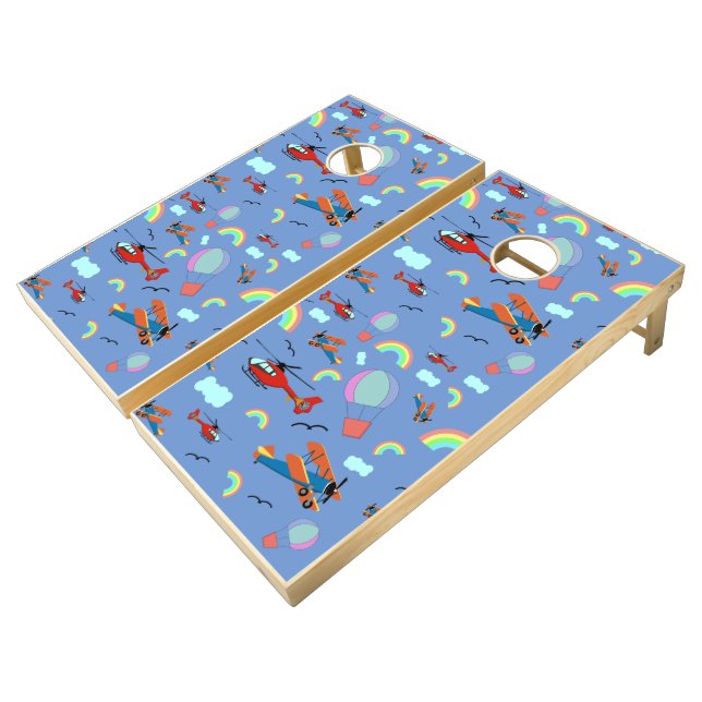 A Boys Flying Pattern on Blue Cornhole Set (Angled)