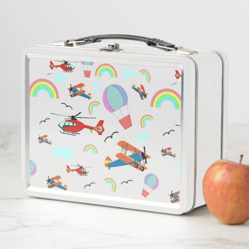 A Boys Flying Pattern on White Metal Lunch Box