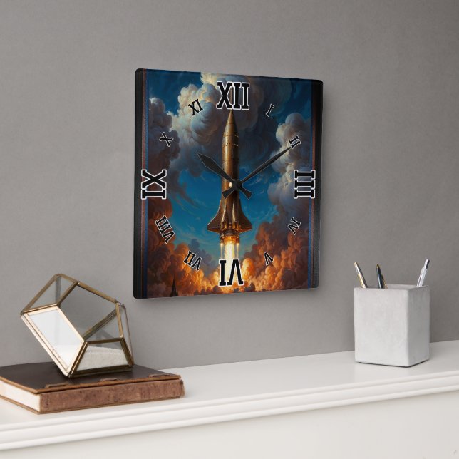 A Breathtaking Retro Fusion Rocket Launch Square Wall Clock (Office)