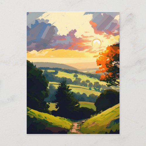 A breathtaking sunset on the rolling green hills postcard