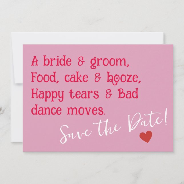 A bride & groom, Food, cake & booze, Happy tears Save The Date (Front)