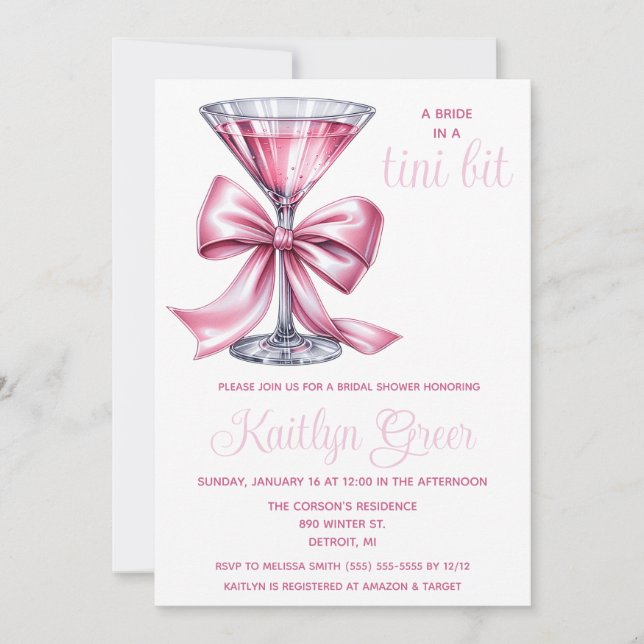 A Bride in a Tini Bit, Pink Martini Bridal Shower Invitation (Front)