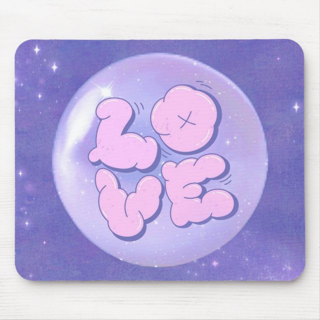 A Bright Bold mouse pad with a purple love design (Front)