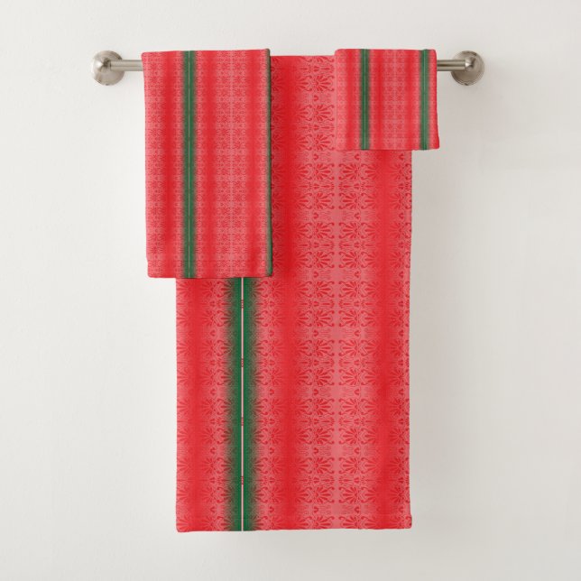 A bright red apple sits on a plain white surface. bath towel set (Insitu)