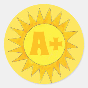 A+ Bright Student Reward Yellow Sunshine Teacher Classic Round Sticker