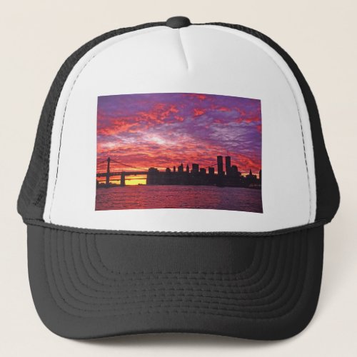A Brilliant Sunset Silhouette Of Lower Manhattan Trucker Hat
