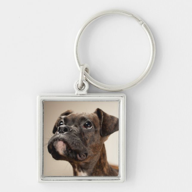 A Brindle Boxer puppy looking up curiously. Keychain (Front)