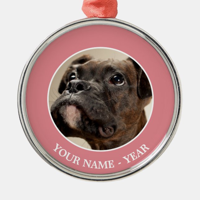 A Brindle Boxer puppy looking up curiously. Metal Ornament (Front)