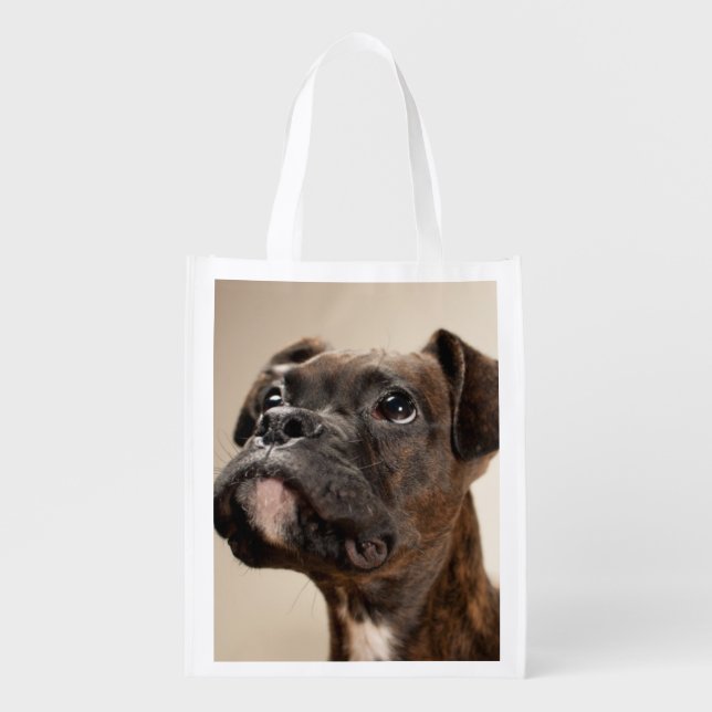 A Brindle Boxer puppy looking up curiously. Reusable Grocery Bag (Front)