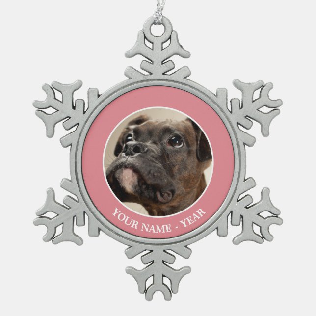 A Brindle Boxer puppy looking up curiously. Snowflake Pewter Christmas Ornament (Front)