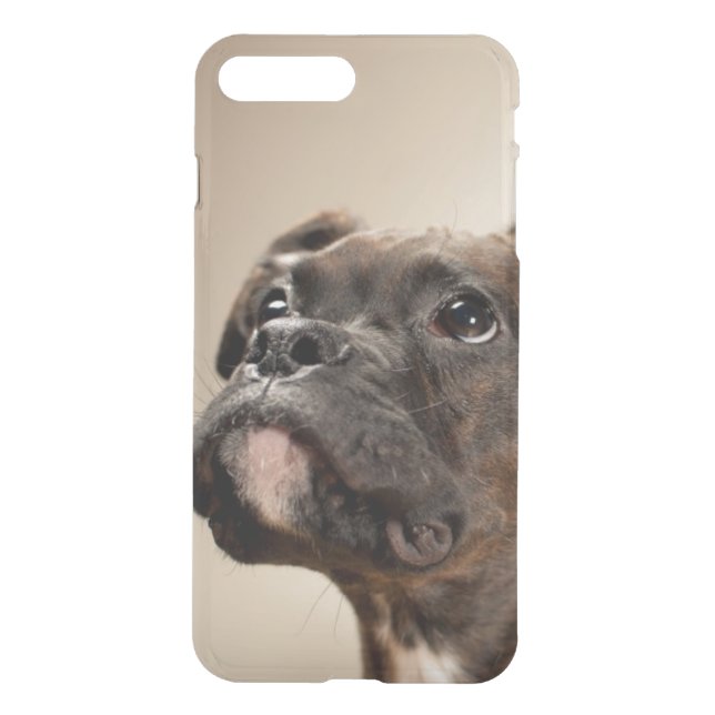 A Brindle Boxer puppy looking up curiously. Uncommon iPhone Case (Back)
