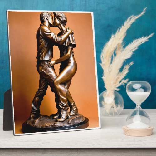 A bronze sculpture of a couple kissing and embraci plaque