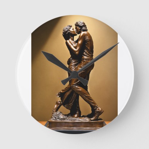 A bronze sculpture of a couple kissing and embraci round clock