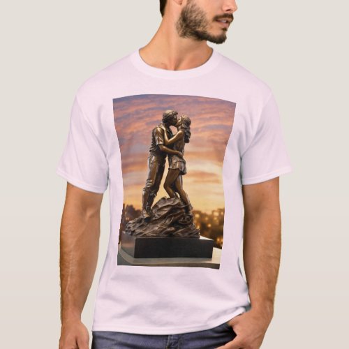 A bronze sculpture of a couple kissing and embraci T_Shirt