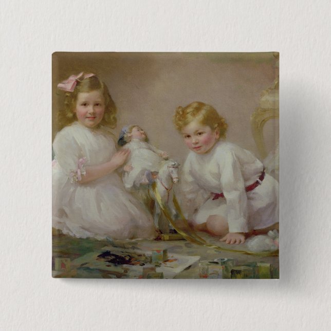 A Brother and Sister Playing, 1915 Pinback Button (Front)