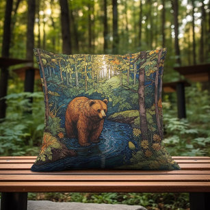 A Brown Bear Drinking From The Creek Throw Pillow