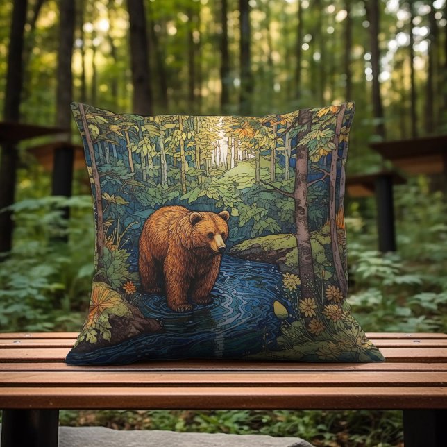 A Brown Bear Drinking From The Creek Throw Pillow (Creator Uploaded)