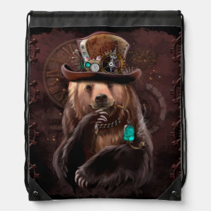 A brown bear with a steampunk hat and a pipe in hi drawstring bag