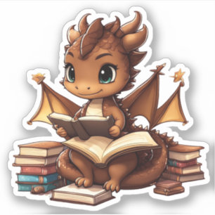 A Brown Dragon Reading Sticker