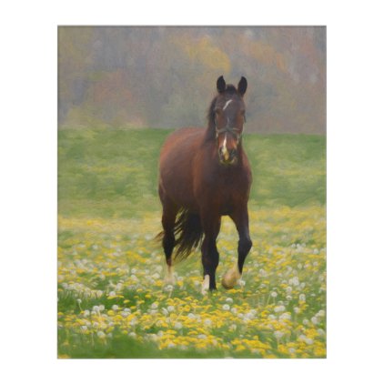 A Brown Horse in a Field with Dandelions Acrylic Wall Art