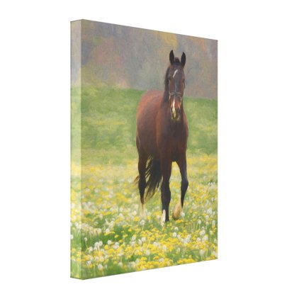 A Brown Horse in a Field with Dandelions Canvas Print