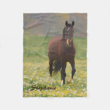A Brown Horse in a Field with Dandelions Fleece Blanket