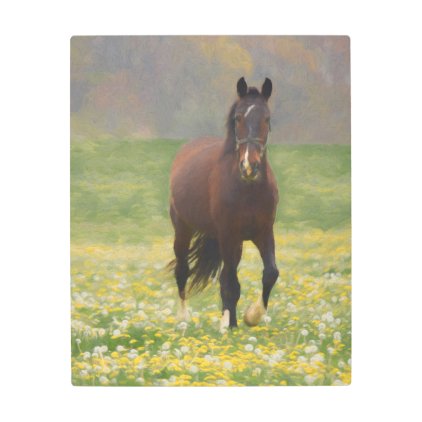 A Brown Horse in a Field with Dandelions Metal Print