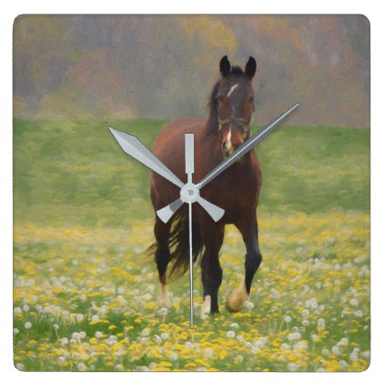 A Brown Horse in a Field with Dandelions Square Wall Clock