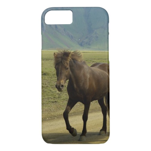 A Brown Icelandic Pony with a Scenic Background iPhone 87 Case