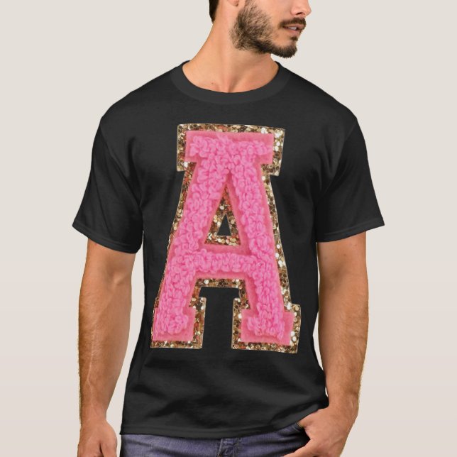 A - Bubblegum Glitter Varsity Letter Patches Stick T-Shirt (Front)