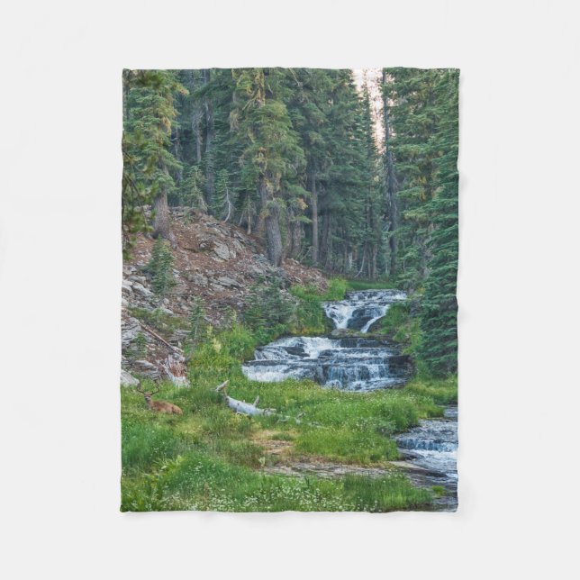 A Buck Rests at a Cascading River Fleece Blanket (Front)