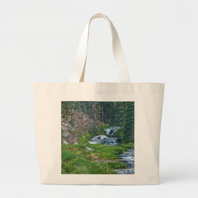 A Buck Rests at a Cascading River Large Tote Bag (Front)