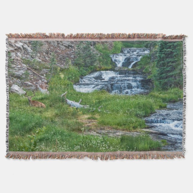 A Buck Rests at a Cascading River Throw Blanket (Front)