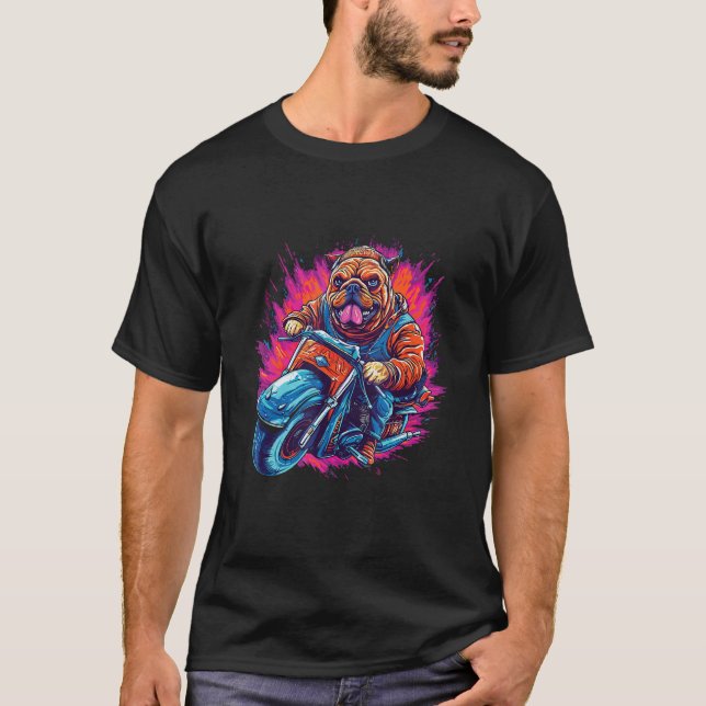 A Bulldog dog riding a motorcycle T-Shirt (Front)