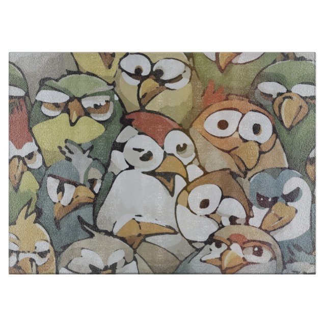 A Bunch of goofy grumpy cartoon birds Cutting Board (Front)