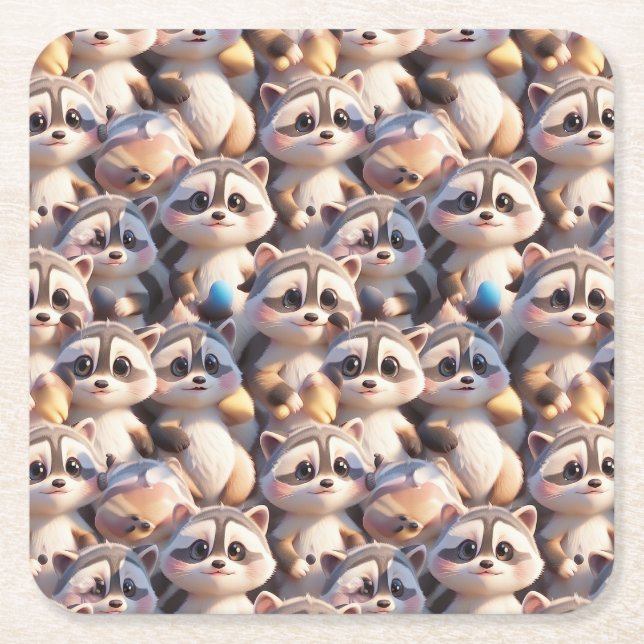 A bunch of raccoons square paper coaster (Front)