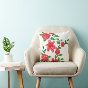 a bunch of red flowers on a white background throw pillow