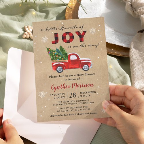 A Bundle of JOY Truck Red Plaid Baby Shower Invitation