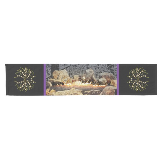 A Burning Yule Log  with Mistletoe Short Table Runner (Horizontal)