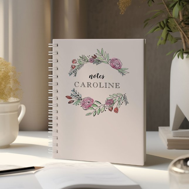A Bushel and a Peck Personalized Notebook in Pink (Pink watercolor floral laurels personalized notebook.)