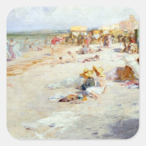 A Busy Beach in Summer Square Sticker